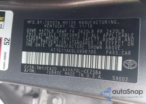 2020 Toyota Camry Se z USA, uszkodzony, nr VIN 4T1G11AK6LU898100